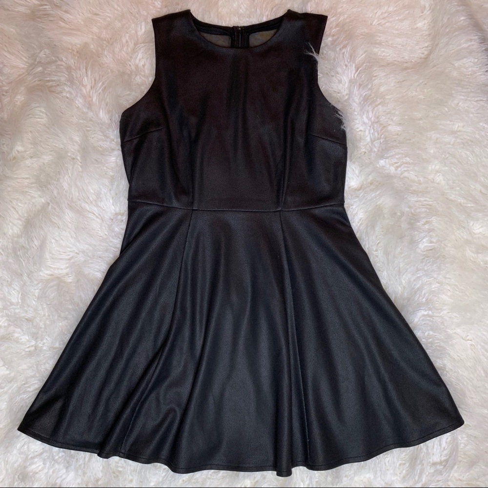 Leather like Black Fit and Flare Skater Dress